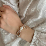 Silver Cross Pearl Bracelet INS Women Party Gift Elegant Light Jewelry