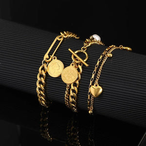 Double Layer Cuban Link Chain Portrait Pendant Bracelet Stainless Steel Bangles