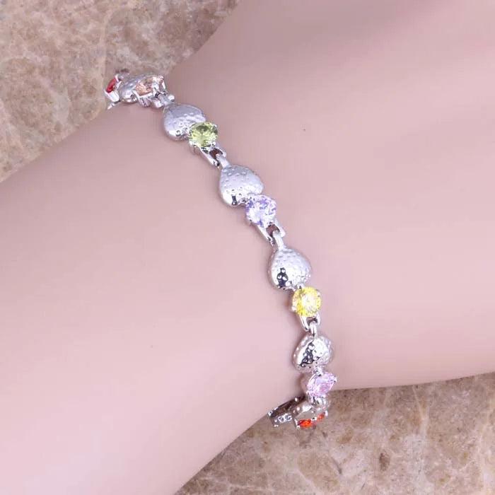 Multicolor CZ Silver Plated Chain Bracelet 6.5-7.5 inch