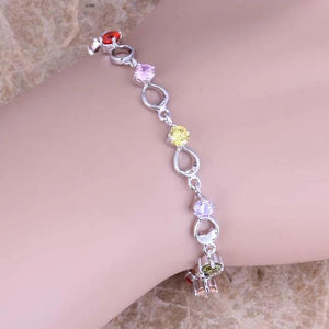 Multicolor CZ Silver Plated Link Chain Bracelet 6.5-7.5 inch