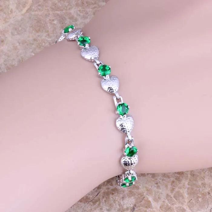 Green Cubic Zirconia Silver Plated Chain Bracelet 6.5-7.5 inch