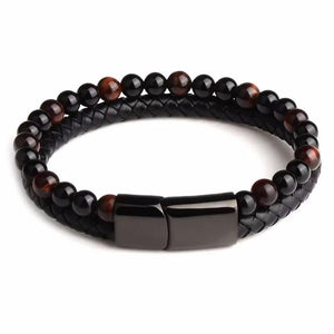 Men's Stone Bracelet Leather Braided Stainless Steel Clasp Tiger Eye Bead Bangle