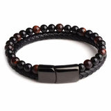 Men's Stone Bracelet Leather Braided Stainless Steel Clasp Tiger Eye Bead Bangle