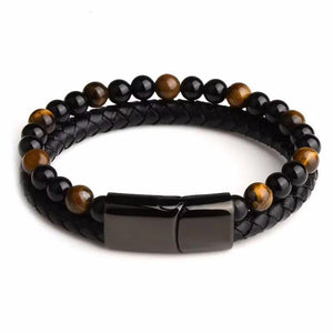 Men's Stone Bracelet Leather Braided Stainless Steel Clasp Tiger Eye Bead Bangle