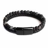 Men's Stone Bracelet Leather Braided Stainless Steel Clasp Tiger Eye Bead Bangle