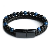 Men's Stone Bracelet Leather Braided Stainless Steel Clasp Tiger Eye Bead Bangle