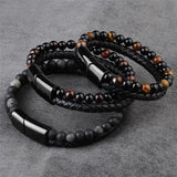 Men's Tiger Eye Bead Bracelet Leather Braided Stainless Steel Clasp