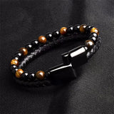 Men's Tiger Eye Bead Bracelet Leather Braided Stainless Steel Clasp