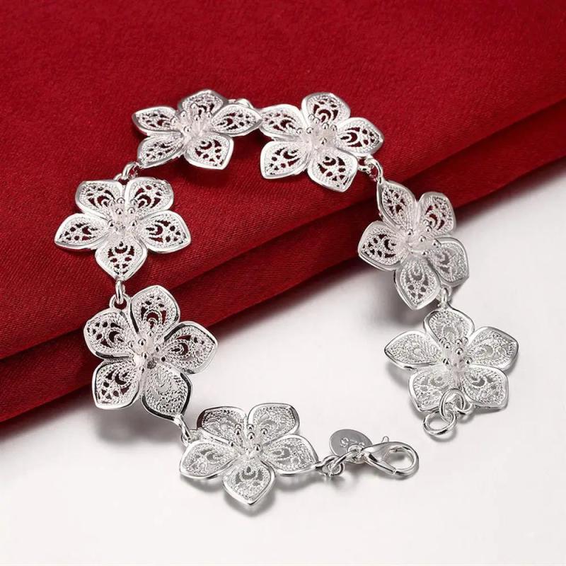 925 Silver Bracelet Vintage Flowers Chain Wedding Party Jewelry