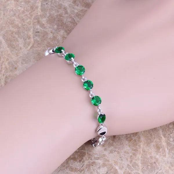 Green CZ Silver Plated Bracelet 6.5-7.5 inch