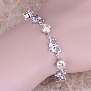 Champagne Morganite CZ Butterfly Bracelet Silver Plated Link Chain 7-8 inch