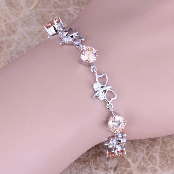 Champagne Morganite CZ Butterfly Bracelet Silver Plated Link Chain 7-8 inch