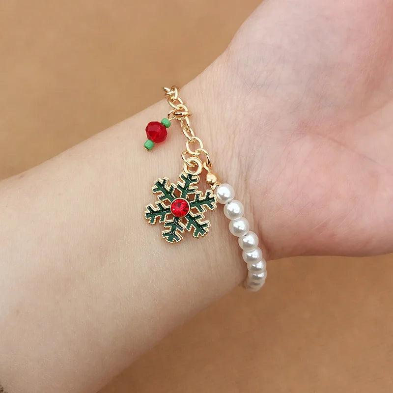 Christmas Bracelets Snowman Elk Snowflake Pearl Charm Bracelet