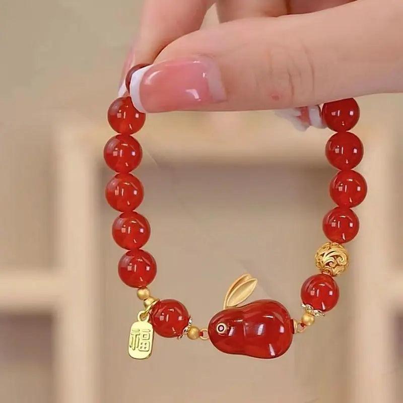 Red Beads Rabbit Bracelets Fu Pendant Stretch Beaded Bracelet Couple Jewelry