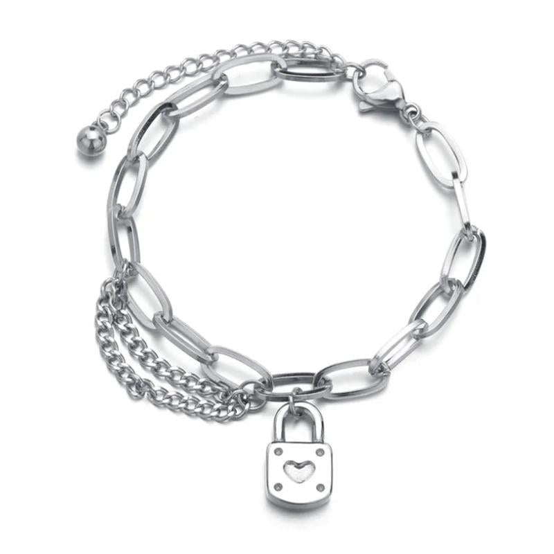 316L Stainless Steel Bohemia Ancient Lock Heart Shape Thick Chain Bracelets