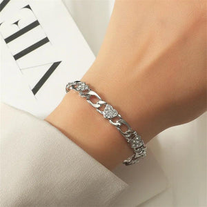 Chain Heart Rhinestone Bracelet Silver Adjustable Femme Party