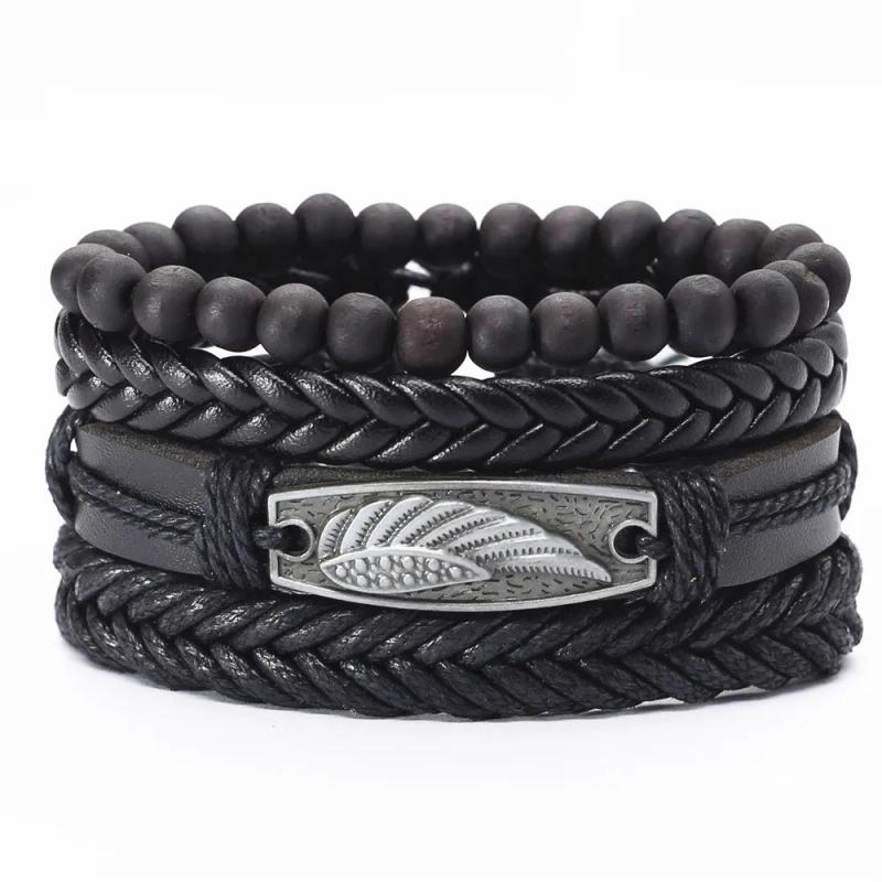 Guitar Leaf Charm Leather Bracelets Set Men Women Jewelry