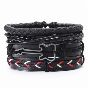 Guitar Leaf Charm Leather Bracelets Set Men Women Jewelry