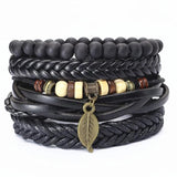 Guitar Leaf Charm Leather Bracelets Set Men Women Jewelry