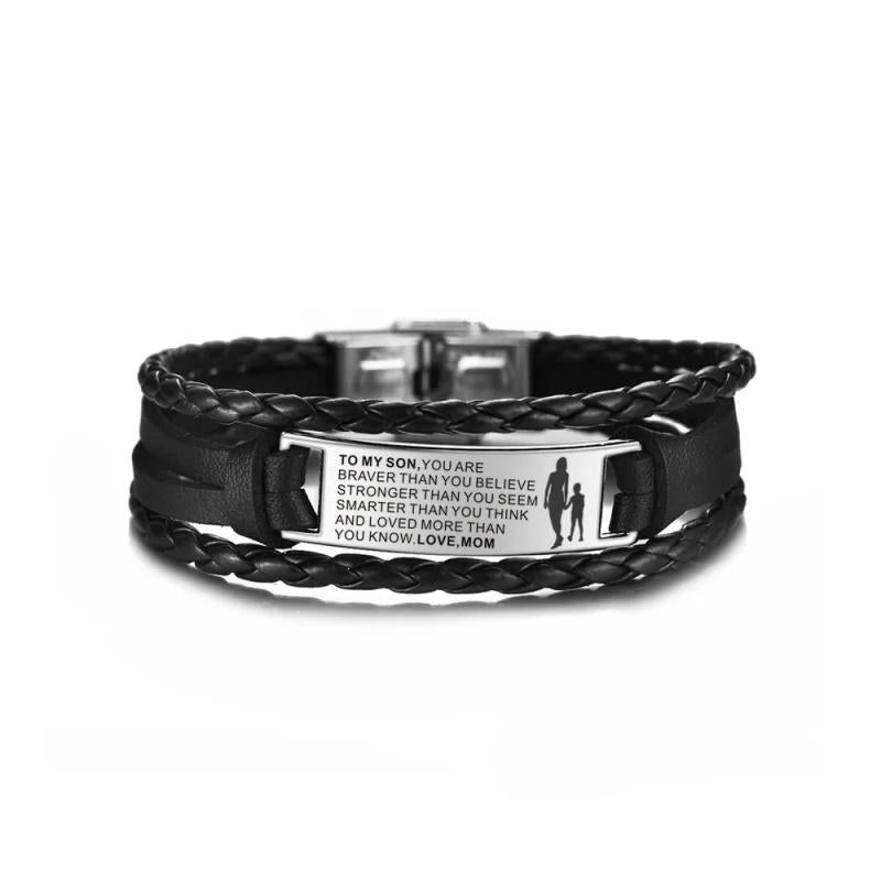 Stainless Steel Leather Bracelet LOVE MOM TO MY SON Adjustable