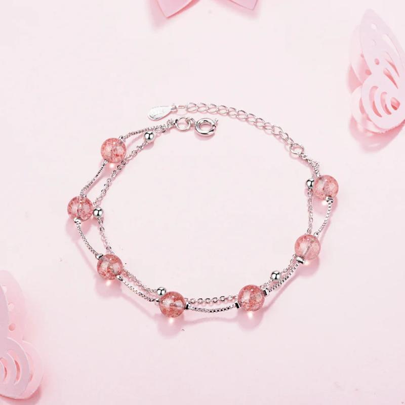 Pink Crystal Double Layer Bead Charm Bracelet for Women Wedding Jewelry