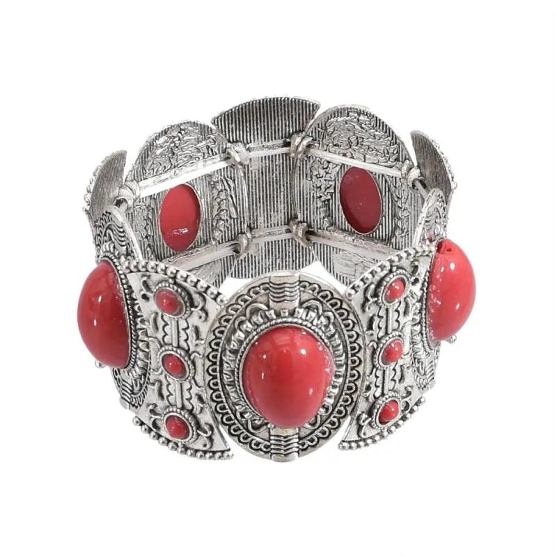 Tibetan Silver Red Rhinestone Elastic Bracelets Tribal Indian Party Jewelry
