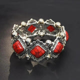 Tibetan Silver Red Rhinestone Elastic Bracelets Tribal Indian Party Jewelry
