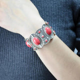 Tibetan Silver Red Rhinestone Elastic Bracelets Tribal Indian Party Jewelry