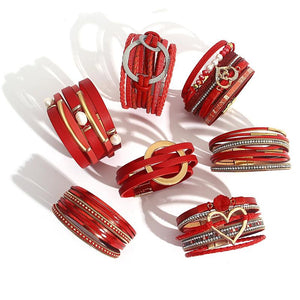 Red Leather Bracelet with Pearls and Charms