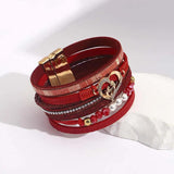 Red Leather Bracelet with Pearls and Charms
