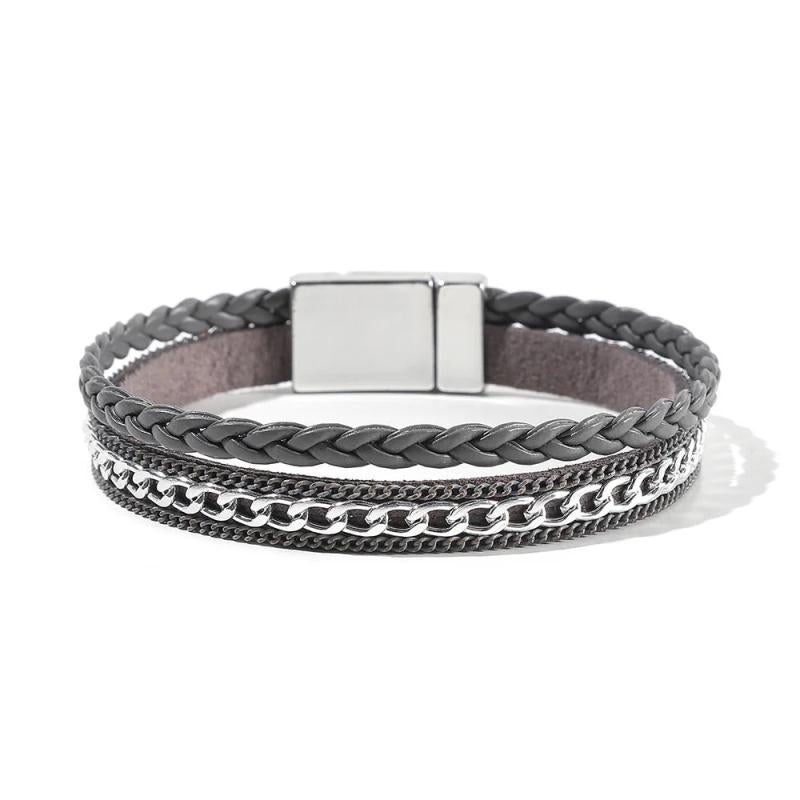 Women Multi-Layer Leather Wrap Bracelet Gray Wristband Braided Rope Cuff Bangle