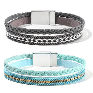Women Multi-Layer Leather Wrap Bracelet Gray Wristband Braided Rope Cuff Bangle
