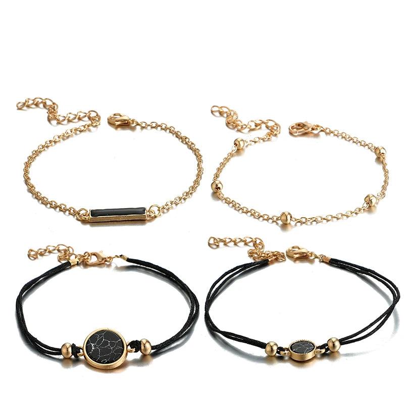 4pcs Crystal Stone Chain Bracelets Women Adjustable Rope Bead Alloy Metal