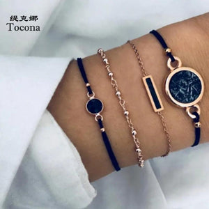 4pcs Crystal Stone Chain Bracelets Women Adjustable Rope Bead Alloy Metal