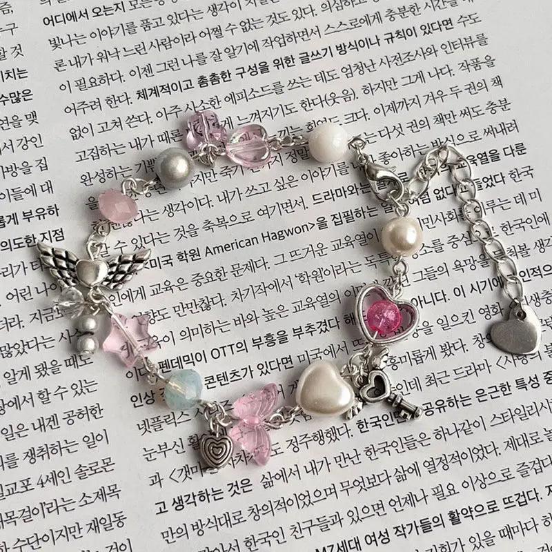 Heart Beaded Bracelet Pink Green Star Charm Bracelet