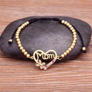 Mom Heart Charm Bracelet with Crystal Zircon, Adjustable