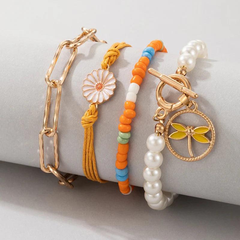 Colorful Beaded Bracelets for Women Pretty Flowers Dragonfly Hollow Out