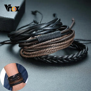 4pc Leather Bracelets Set Men Braided Rope Wristband Holiday Style Male Bangle