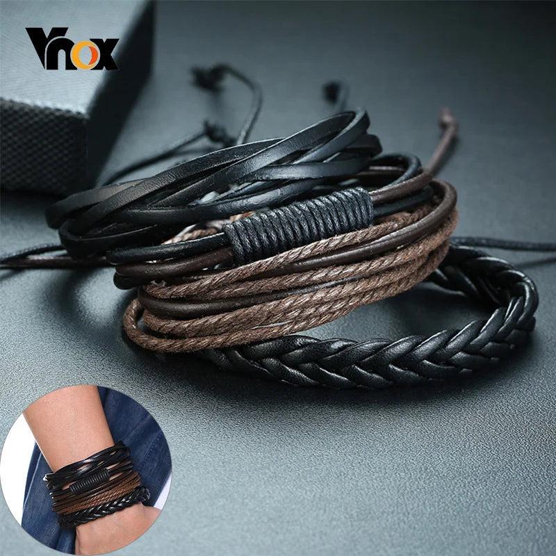4pc Leather Bracelets Set Men Braided Rope Wristband Holiday Style Male Bangle