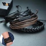4pc Leather Bracelets Set Men Braided Rope Wristband Holiday Style Male Bangle