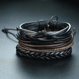 4pc Leather Bracelets Set Men Braided Rope Wristband Holiday Style Male Bangle