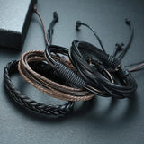 4pc Leather Bracelets Set Men Braided Rope Wristband Holiday Style Male Bangle
