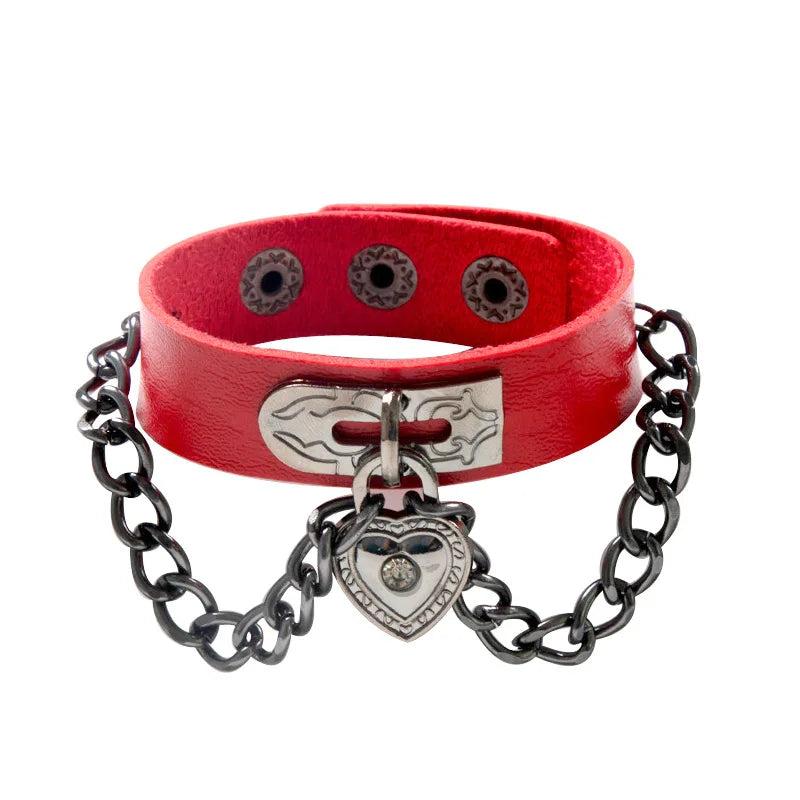 PU Leather Wristband Bracelet for Women Punk Style Heart Metal Goth Gothic