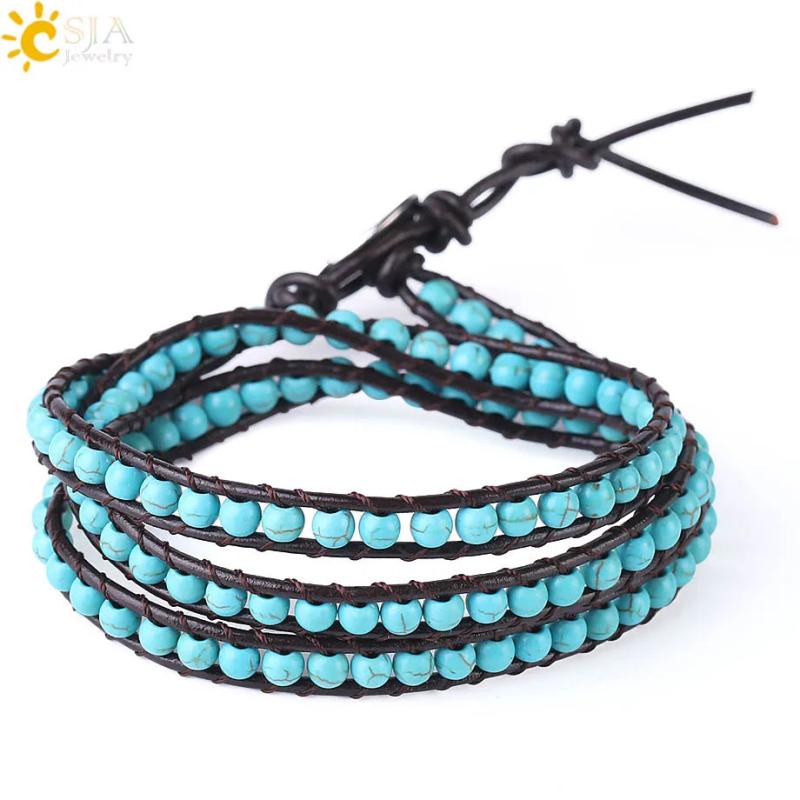 CSJA Green Turquoises Bracelet Leather Wrap for Women Boho S141