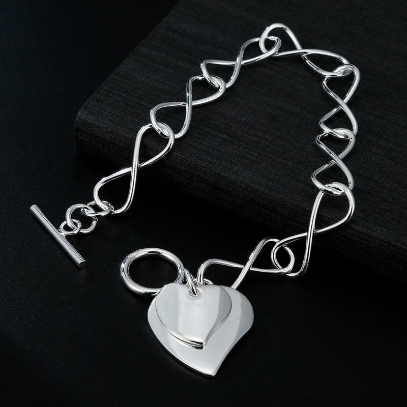 925 Silver Double Heart Pendant Bracelets for Women