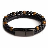 Natural Stone Charm Bracelet Leather Braided Stainless Steel Magnetic Clasp