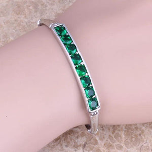 Green CZ Silver Plated Chain Bracelet 7.3in