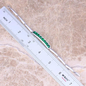 Green CZ Silver Plated Chain Bracelet 7.3in