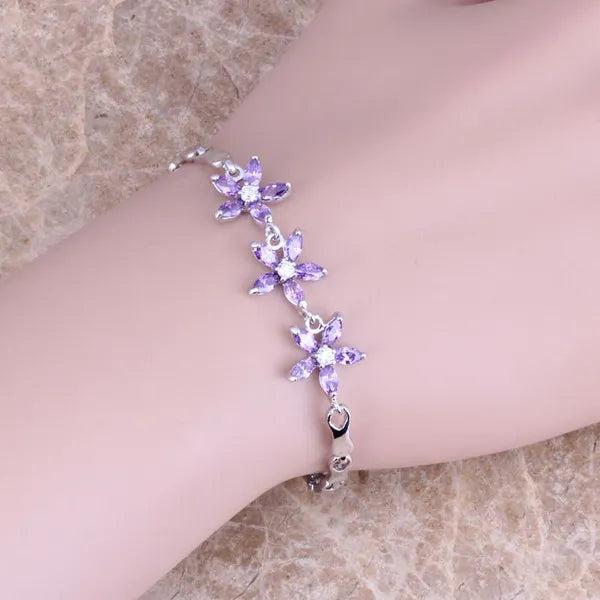 Purple CZ Silver Plated Link Bracelet 7-8 inch S0294