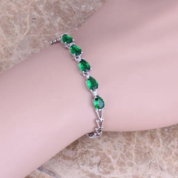 Green Cubic Zirconia Link Chain Bracelet 7 inch